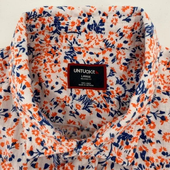 UNTUCKit Button Down Mens Large White Orange Blue Floral Linen Ellsworth Shirt - Picture 4 of 8